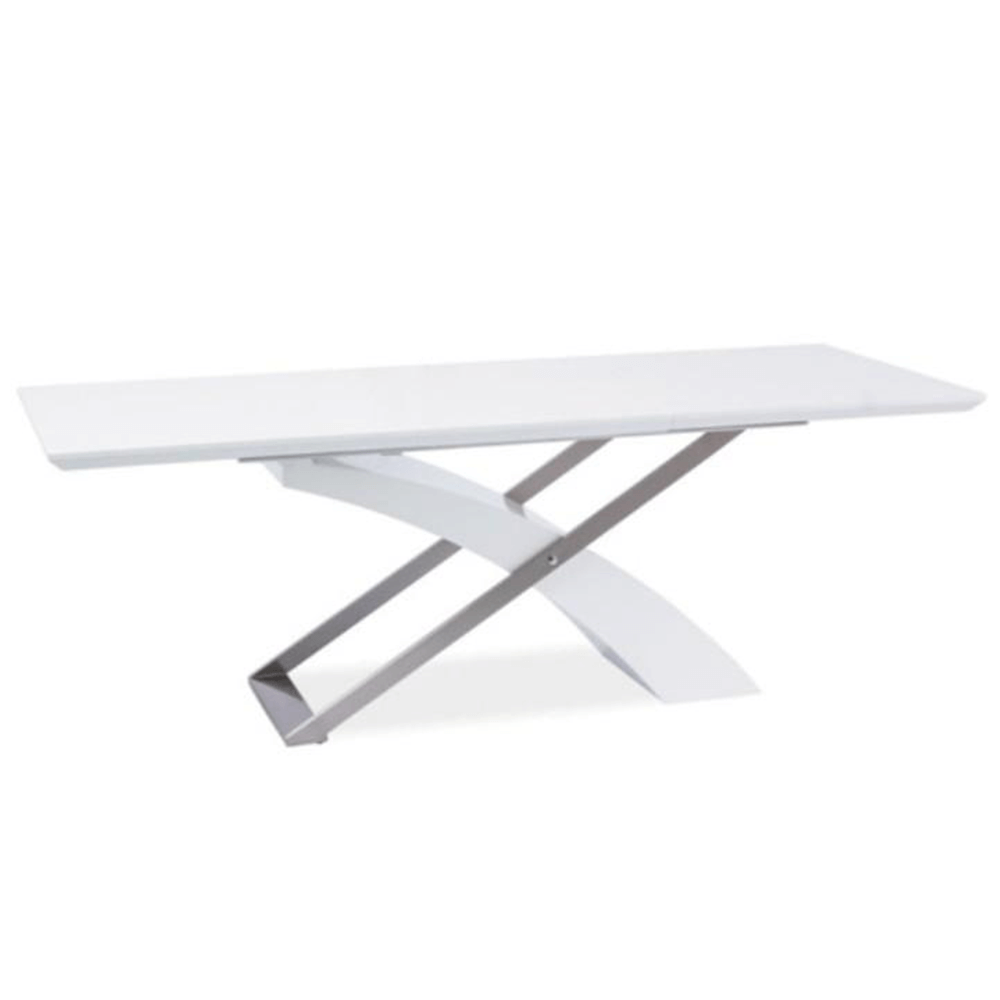 Meghosszabbítható étkezőasztal, fehér extra magasfényű HG/fém, 160-220x90 cm, KROS (TK)