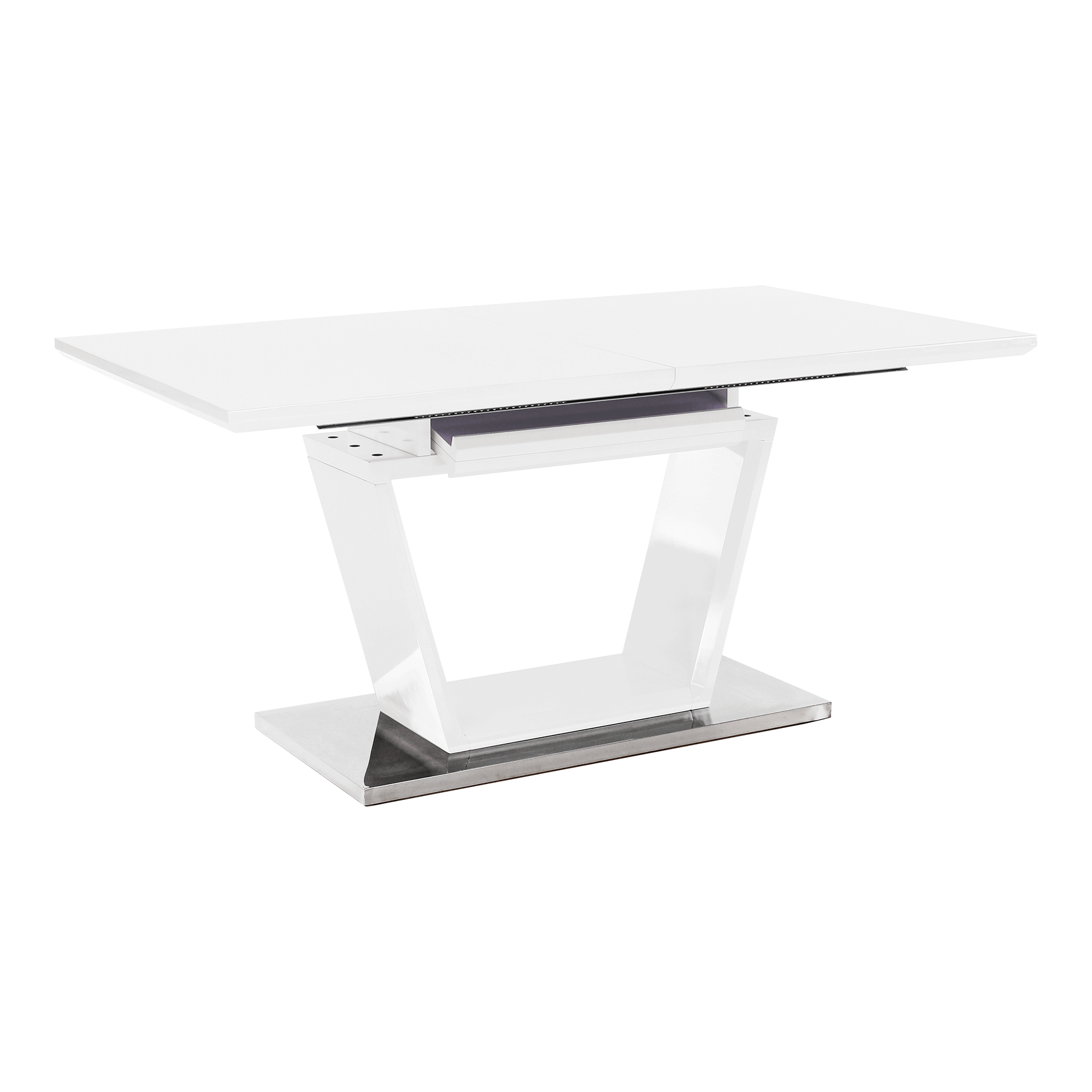 Étkezőasztal, nyitható, fehér extra magasfényű/acél, 160-220x90 cm, PERAK (TK)