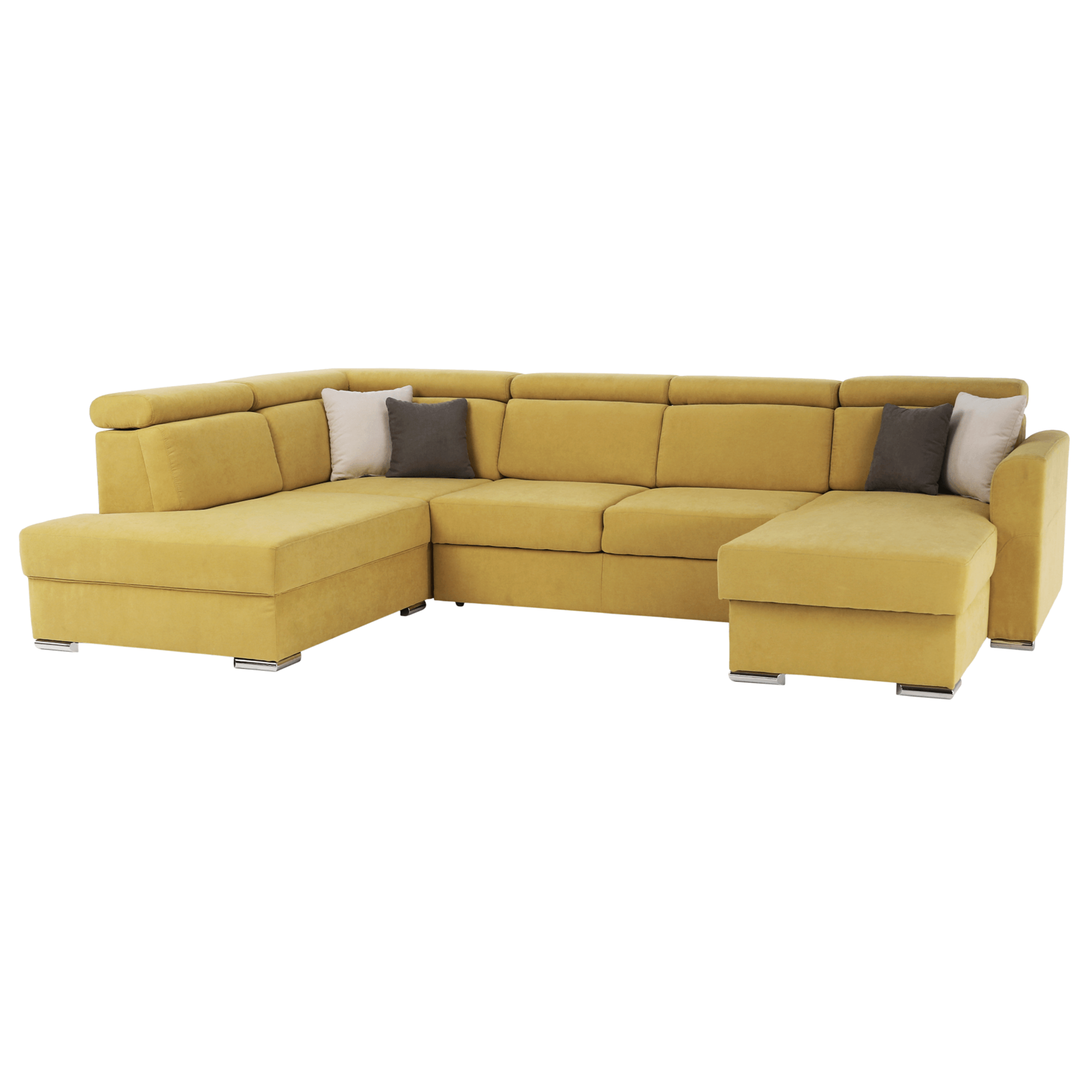 Luxus kivitelű ülőgarnitúra, sárga/barna párnák, balos, MARIETA U (TK)