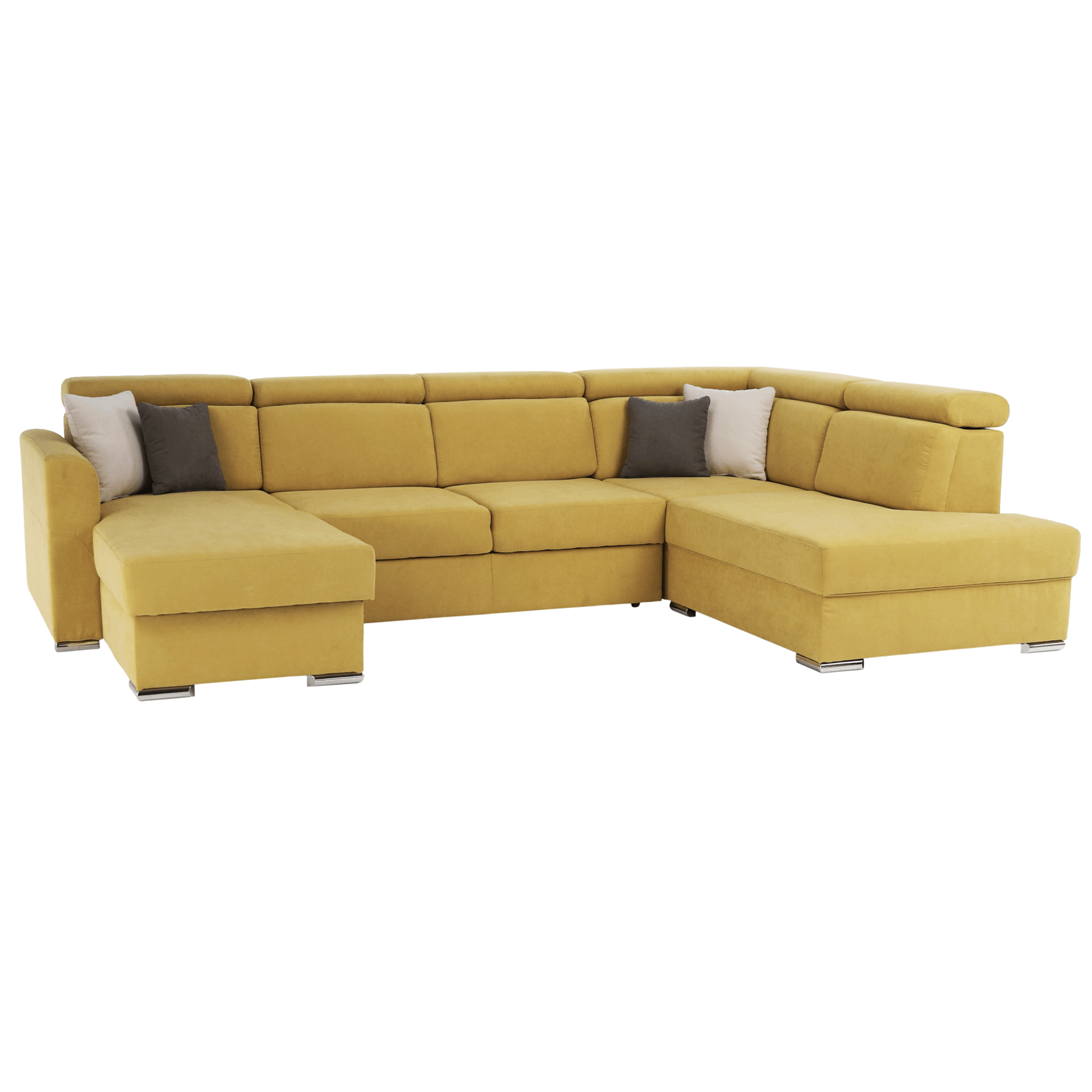 Luxus kivitelű ülőgarnitúra, sárga/barna párnák, jobbos, MARIETA U (TK)