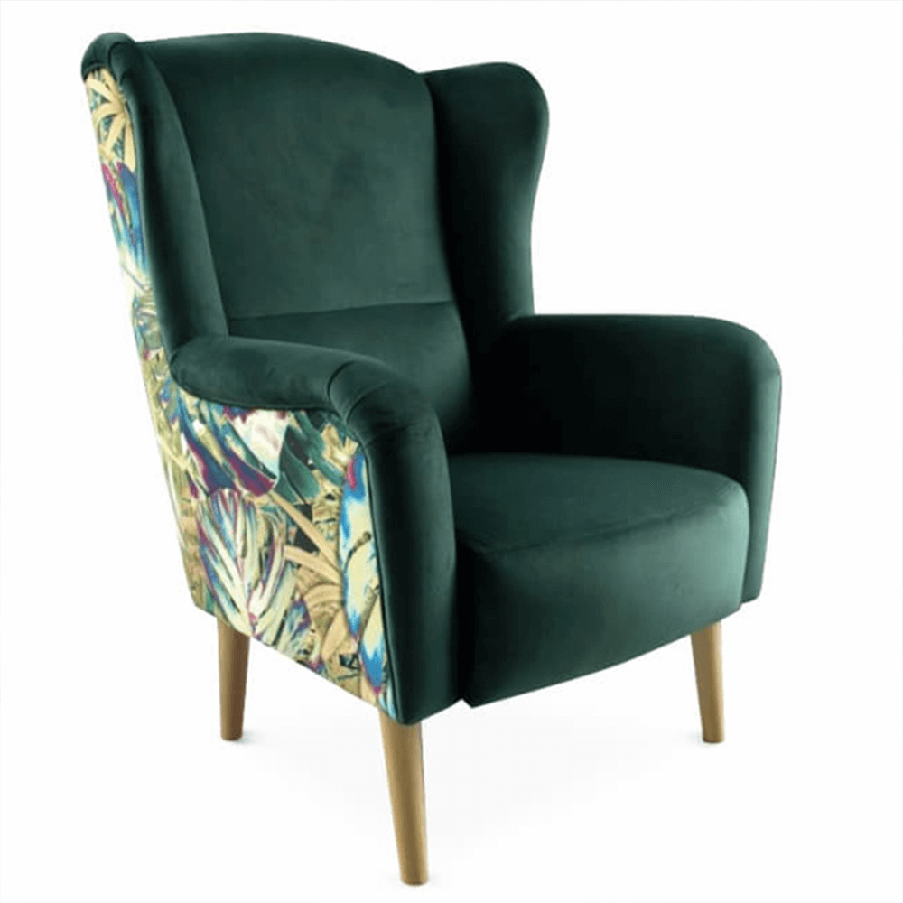 Dizájnos fotel, anyag, smaragd/minta Jungle, BELEK (TK)