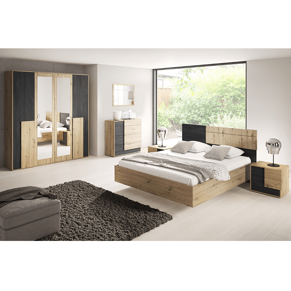 Hálószoba szett (ágy+2x éjjeliszekrény+szekrény), artisan tölgy/fekete norvég fenyő, BAFRA (TK)