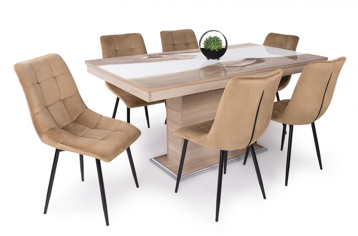 Flóra Plusz asztal epoxy hatású üveglappal étkezőgarnitúra Kitty székkel - 6 személyes (DIV) (BNY)